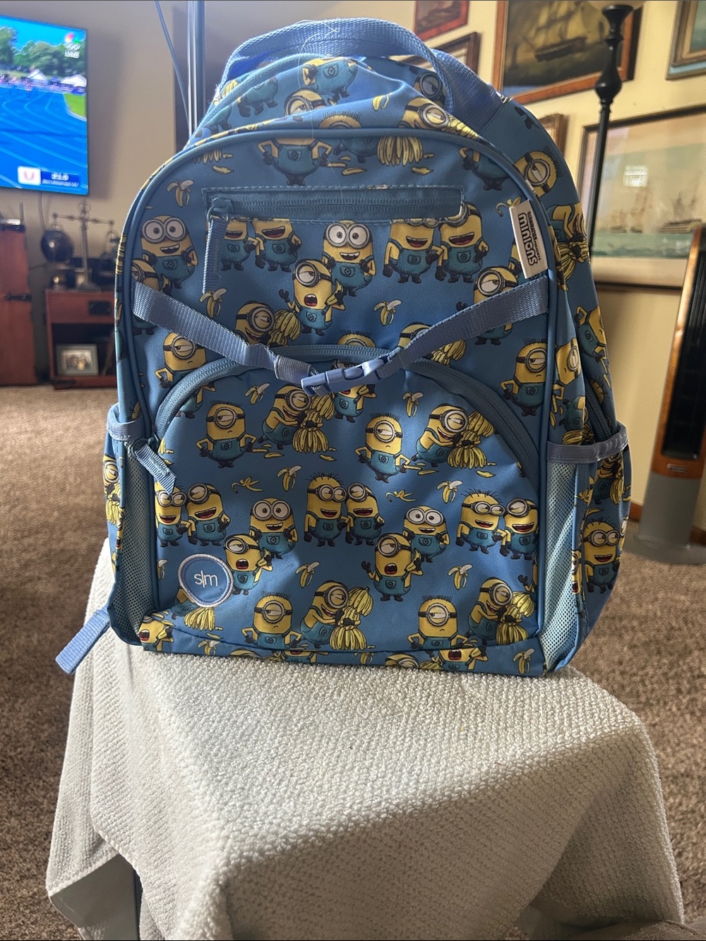 Kids' Blue Minion-Print Backpack - Cartoon Banana Design